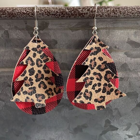 LEOPARD PRINT Christmas Tree and Buffalo Plaid Tear Drop Earrings - Picture 3 of 4